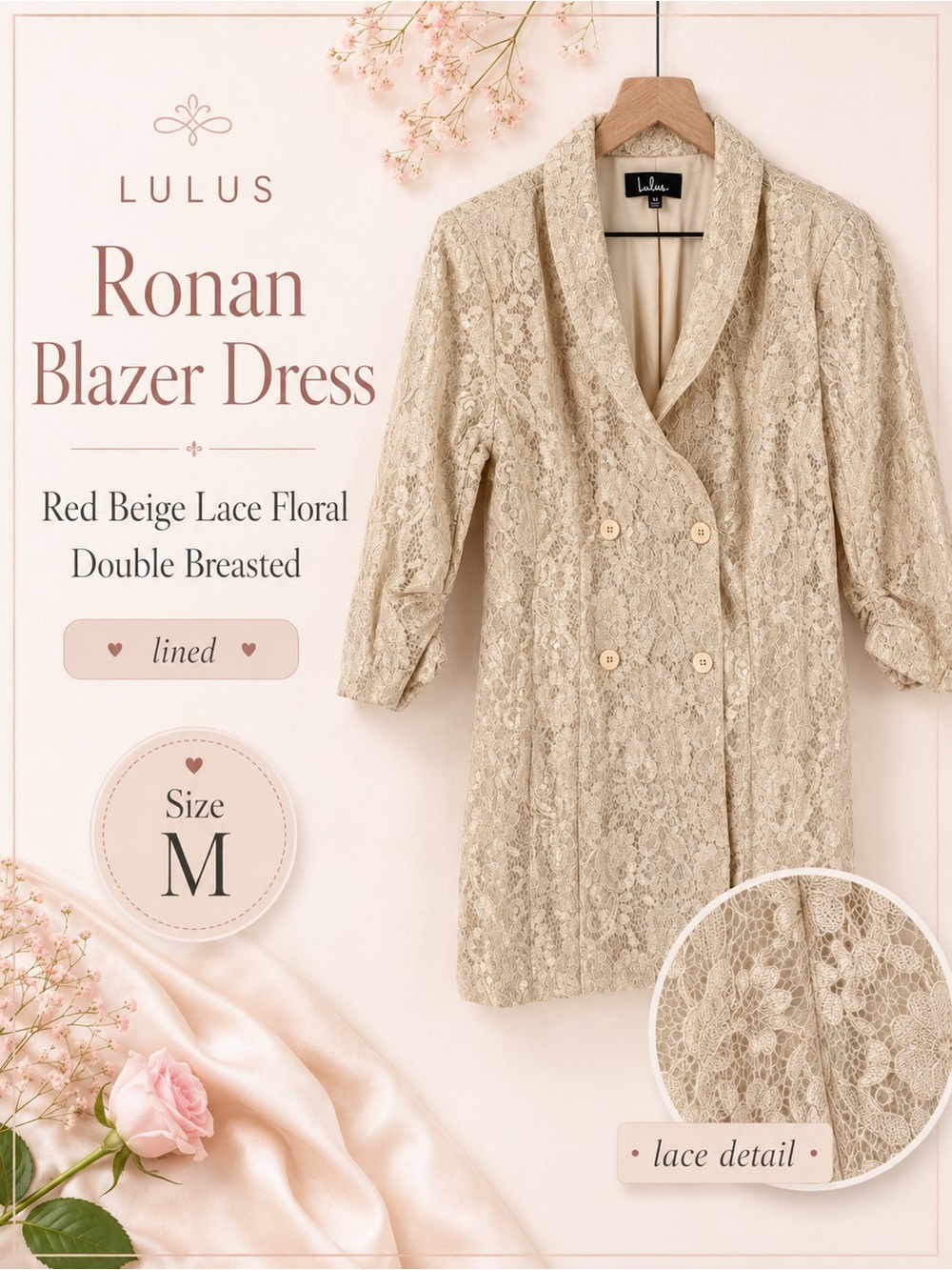 Lulus Ronan Blazer Dress Womens M Red Beige Lace Floral Lined Double Breasted